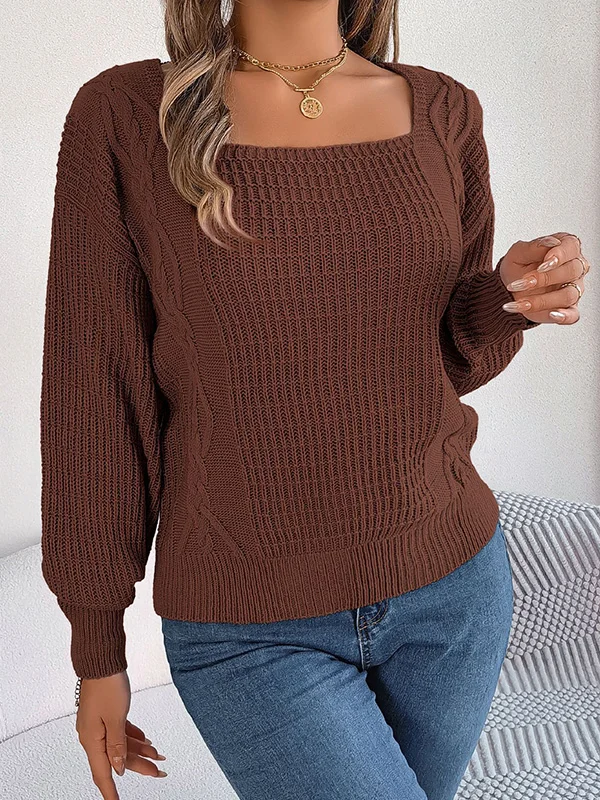 Solid Color Puff Sleeves Loose Square-Neck Sweater Tops Pullovers