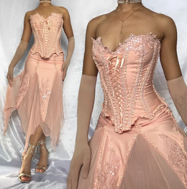 Soft pink beaded long homecoming dress chiffon ball gown evening gown elegant chiffon birthday dress party dress two piece set