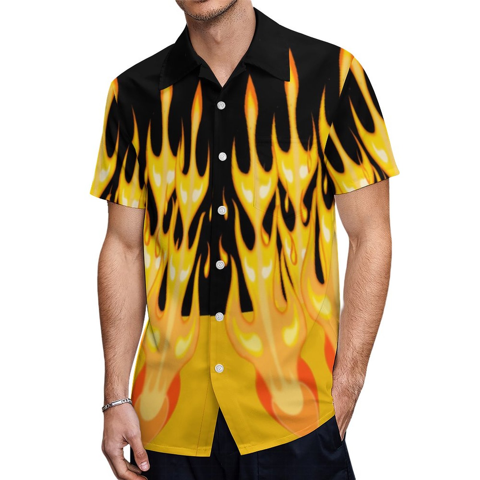 Modern Orange Yellow Fire Flames On Black Hawaiian Shirt Mens Button Down Tropical Hawaii Beach Shirts