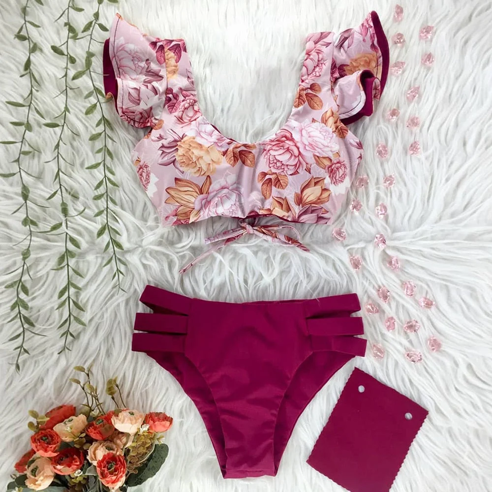 Two-Pieces Women Floral 2022 Push-Up Padded Bra Ruffles Bandage Bikini Set Swimsuit Swimwear Bathing Suit Beachwear Biquini