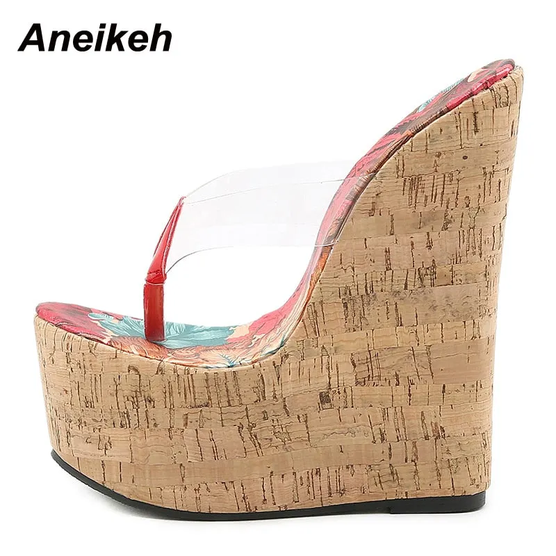 Aneikeh 2021NEW Sexy PVC Women Shoes Mules Summer Thong Flip Flops Wedges Platform Fashion Slides Party Mixed Colors Ultra High