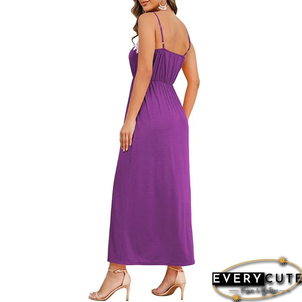 Purple Spliced Lace Trim Spaghetti Straps Dress