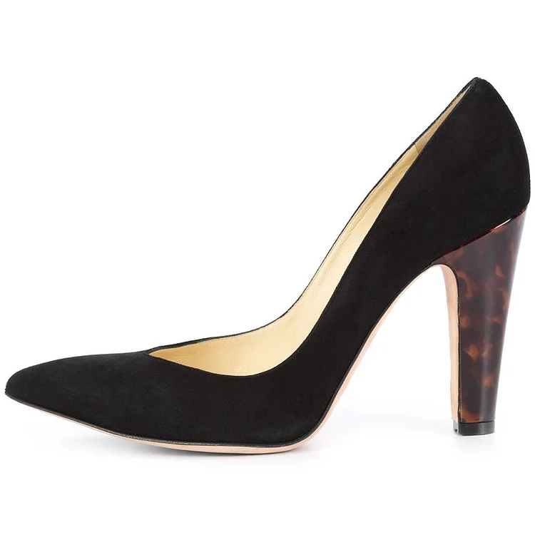 Black Chunky Heels Suede Pointy Toe Pumps |FSJ Shoes