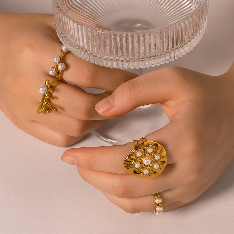 Vintage Style Modern Style Minimalist Geometric 304 Stainless Steel Artificial Pearls 18K Gold Plated Irregular Open Rings