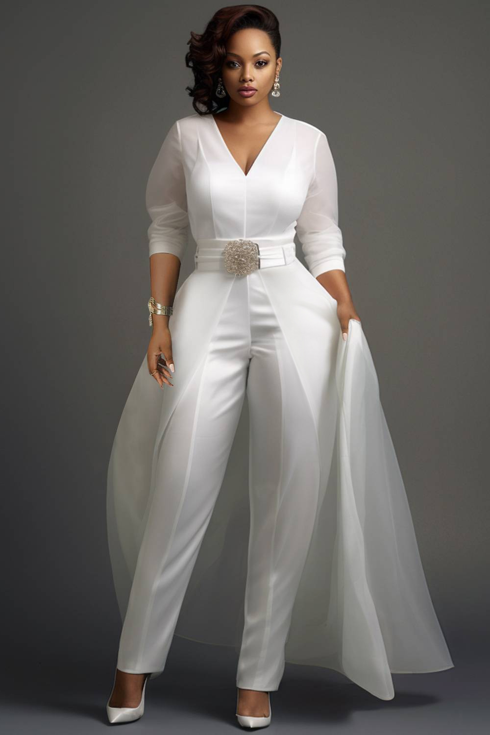 Xpluswear Design Plus Size Wedding Organza White Elegant V Neck 3/4 ...