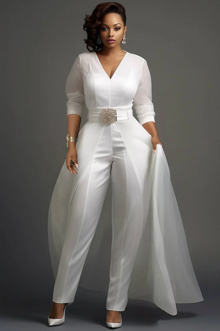 Xpluswear Design Plus Size Wedding Organza White Elegant V Neck 3/4 Sleeve Detachable Overskirt Pocket Satin Jumpsuits [Pre-Order] 2024 - Xpluswear