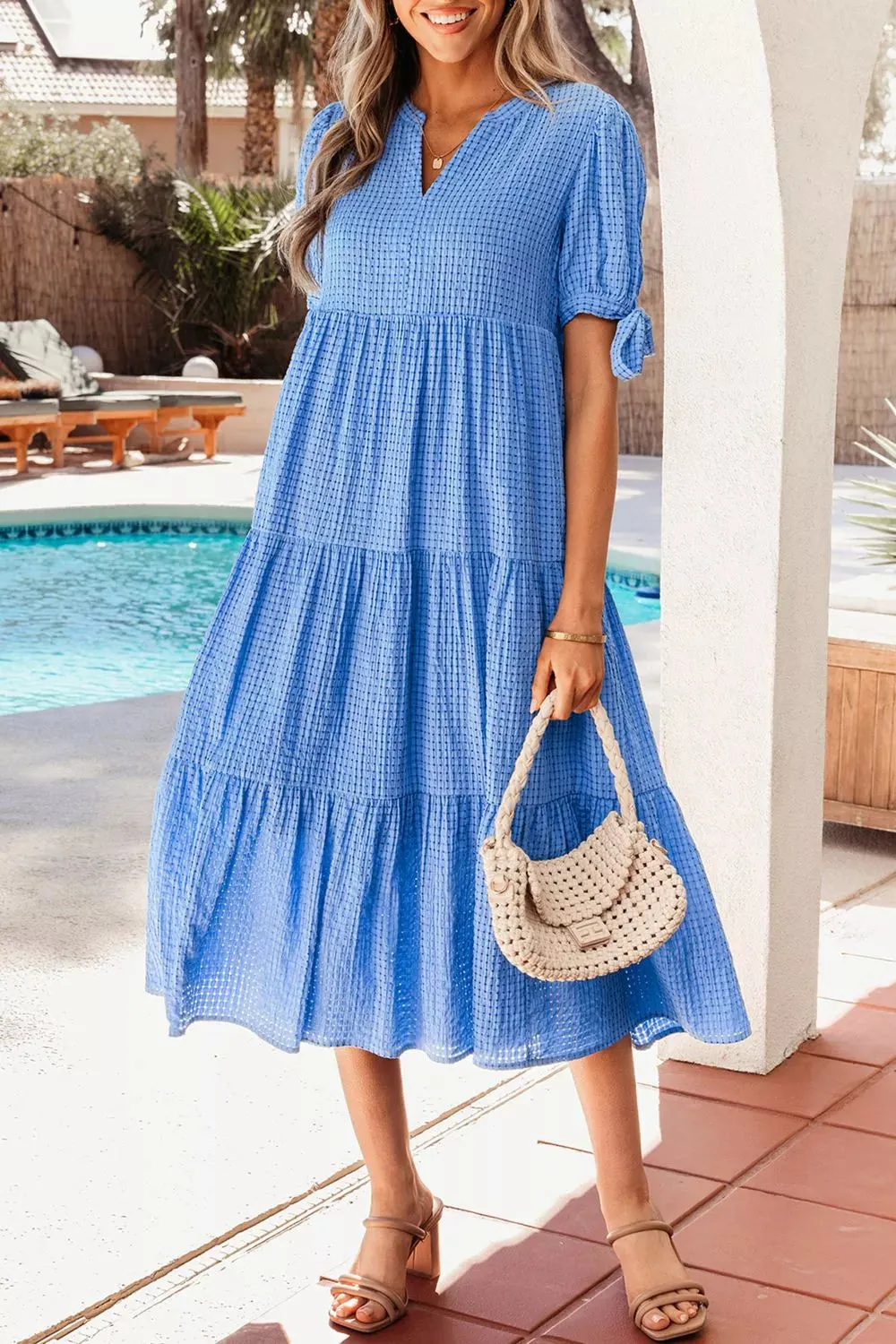 Notched Short Sleeve Tiered Midi Dress mysite idetrend