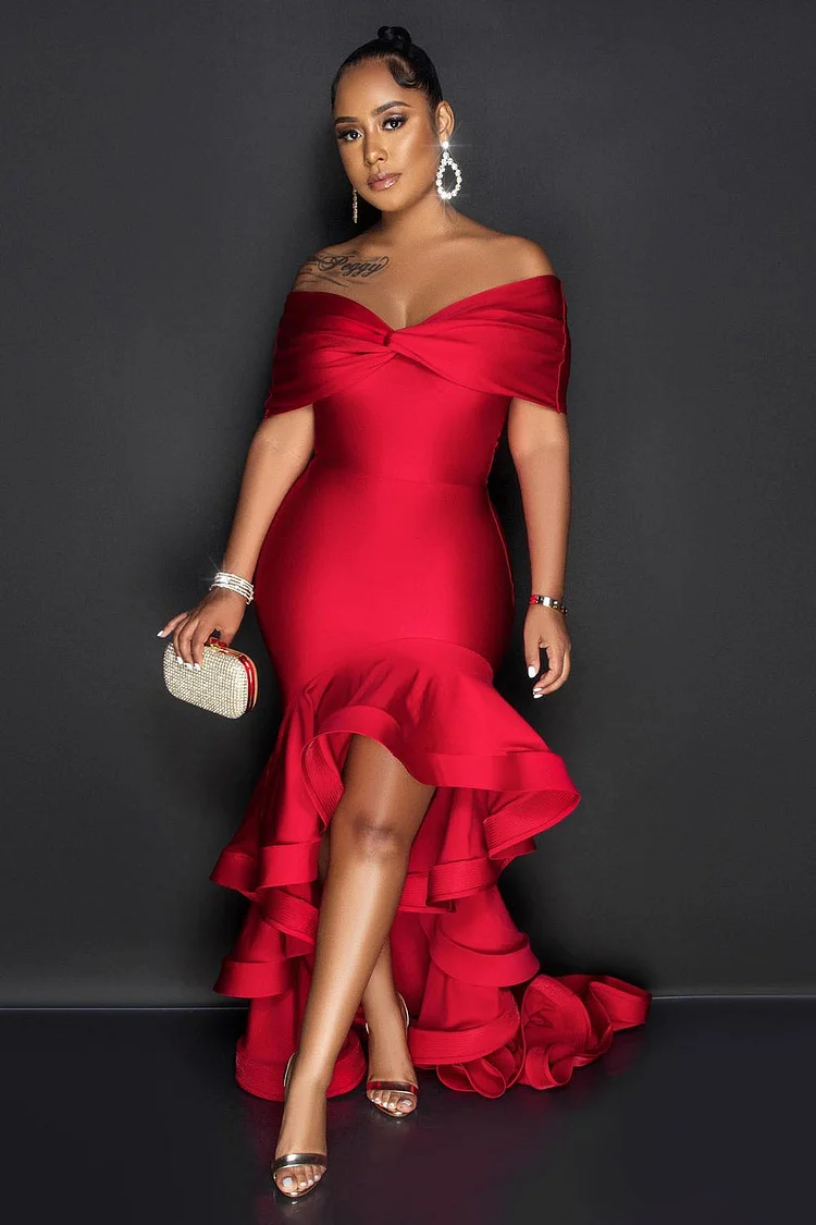 Off Shoulder Ruffle Tail Formal Party Mermaid Maxi Dresses-Red