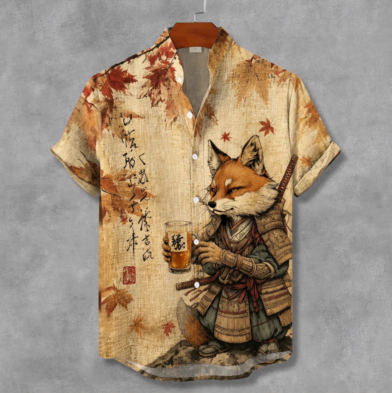 Men's Retro Samurai Fox Drinking Tea In Fall Japanese Ukiyo-e Graphic Print Short Sleeve Shirt  artssus