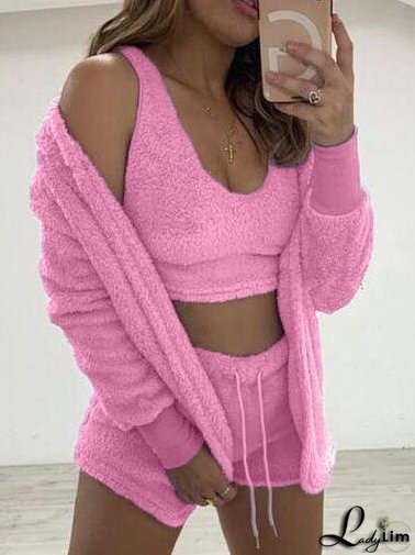 Sets Plush Coat Vest Shorts Long Sleeve Three-Piece Suit for Women