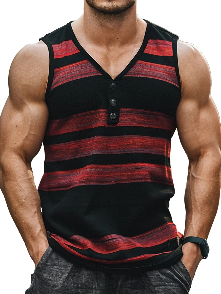 Retro Stripe Print Button V Neck Tank Top