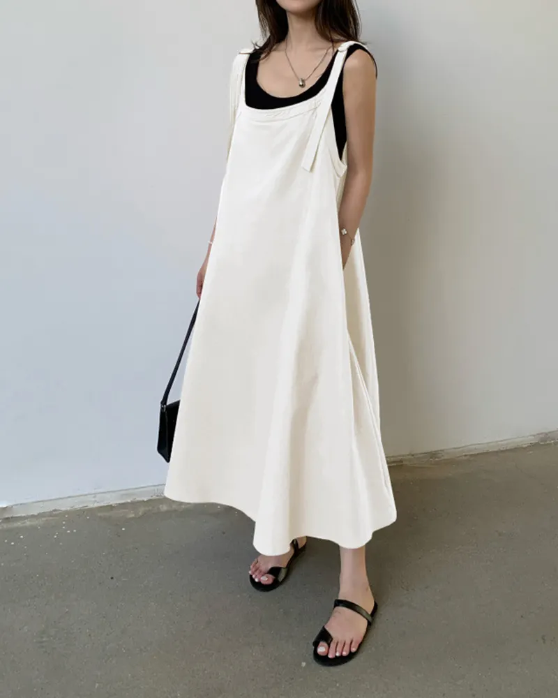 Side Pockets Loose Wdie Shoulder Strap Sleeveless Maxi Dress