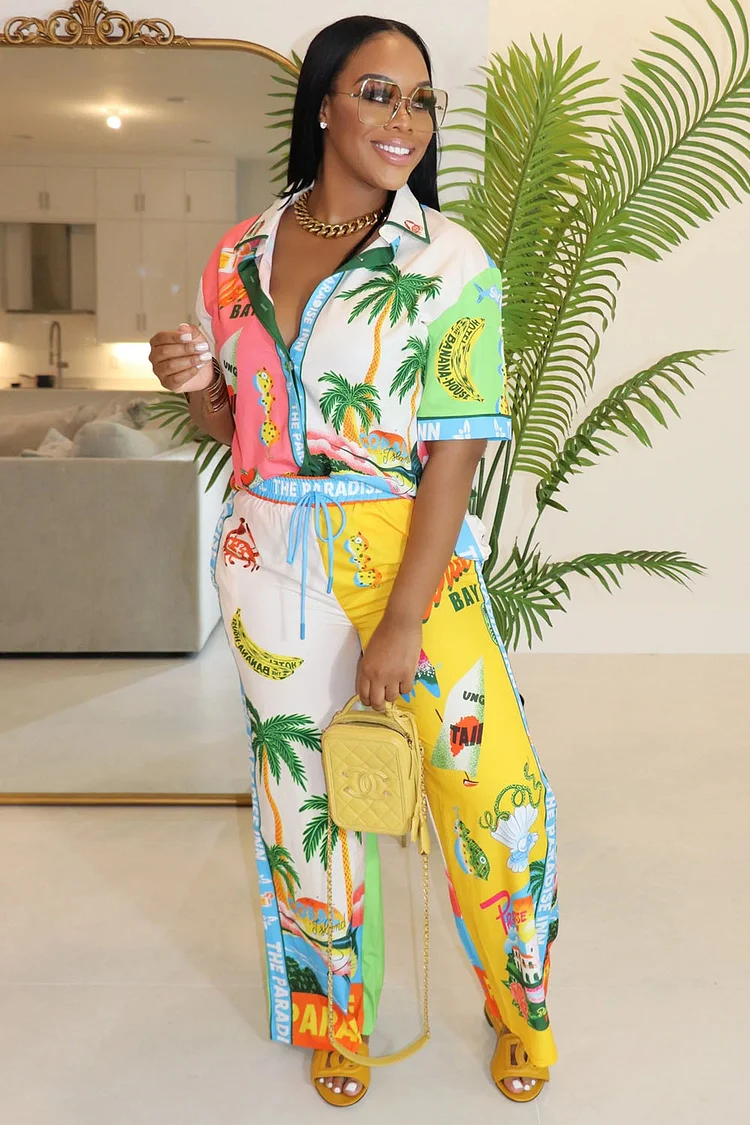Beach Graphic Print Blouse Wide Leg Pants Vacation 2pcs Set-White