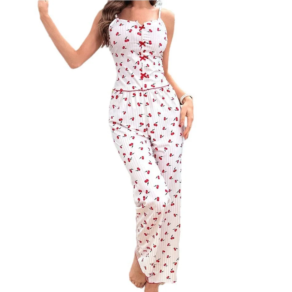 Uveng 2024 Printed Color Impact Printing Mesh Home Clothes Front Lint Front Lint Hanging Pajamas Set