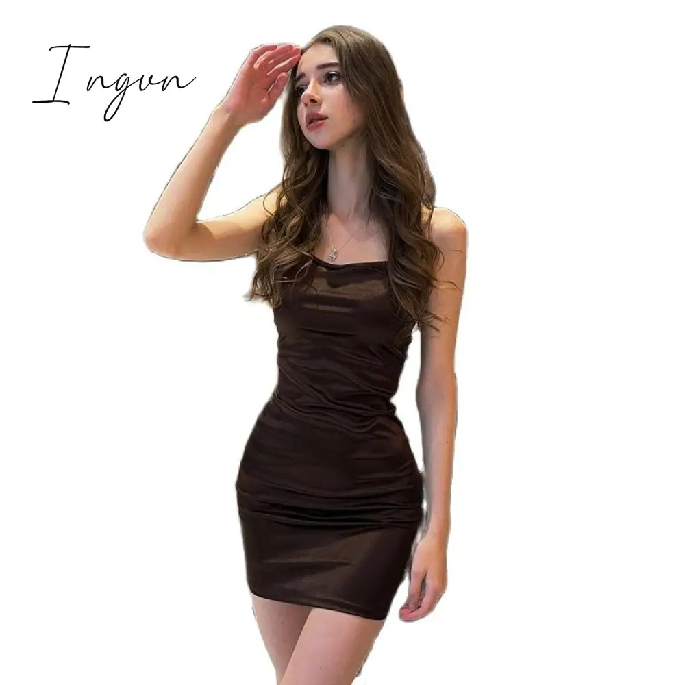 Ingvn - European-American Women’s Clothing 2023 Spring New Coffee Satin One-Line Neck Sexy Open
