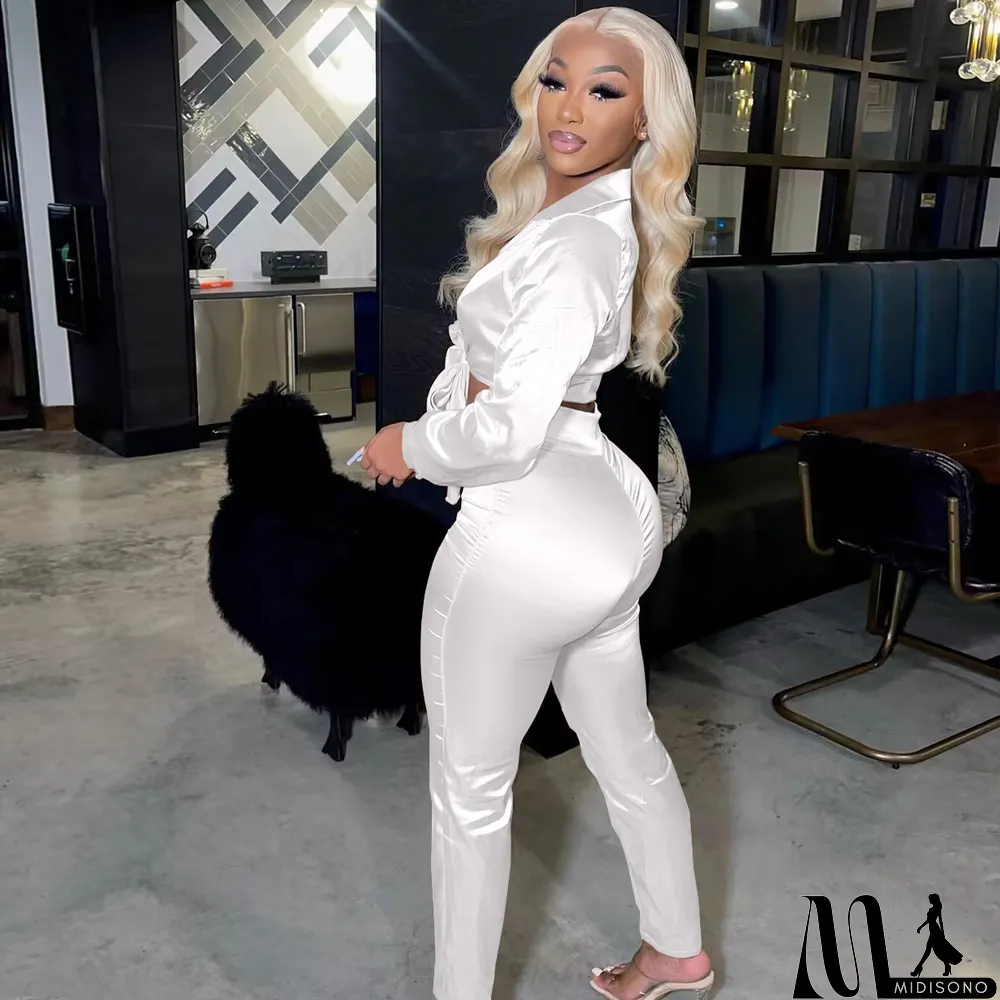 MidiSono - Sexy V-neck Lace-up Slim Two-piece Suit