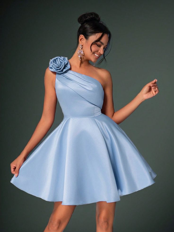 Elegant Blue Asymmetric Sleeveless Handmade Flower Mini Homecoming Dress HC0183