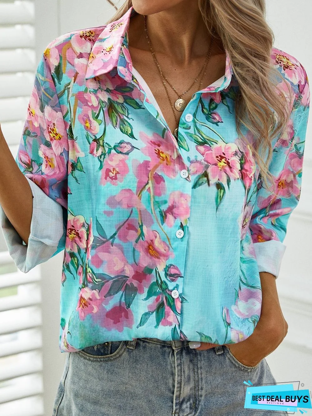 Casual Floral Autumn Polyester No Elasticity Daily Loose H-Line Shirt Collar Blouse for Women