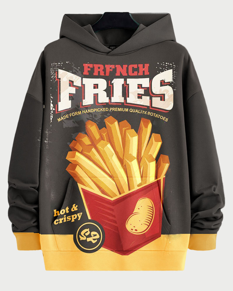 Men's Casual Retro French Fries Print Plus Size Hoodie Suit