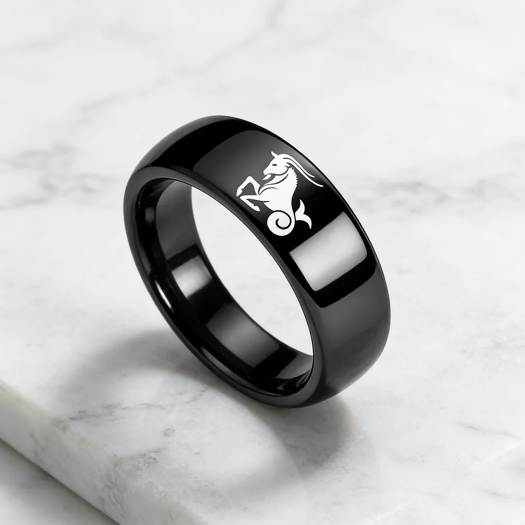 4MM 6MM 8MM Width Black Capricorn Tungsten Carbide Rings Prints Laser Design Domed Top Tungsten Wedding Band