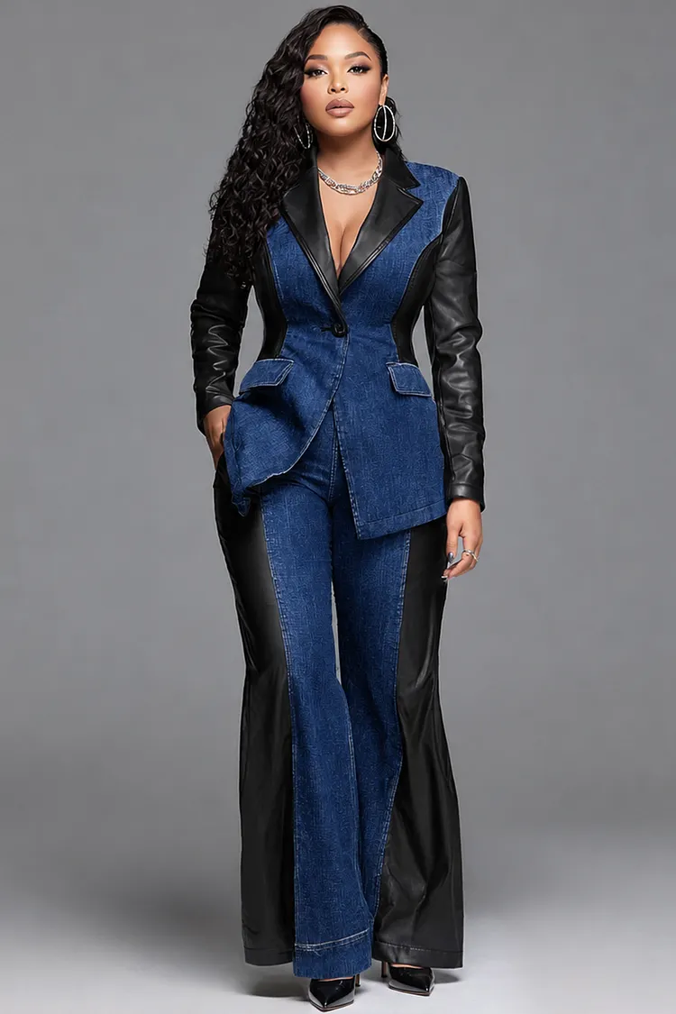 Xpluswear Design Plus Size Business Casual PU Leather Blue Lapel Collar Long Sleeve Contrast Pocket Denim Two Piece Pant Suits [Pre-Order] 2024 - Xpluswear