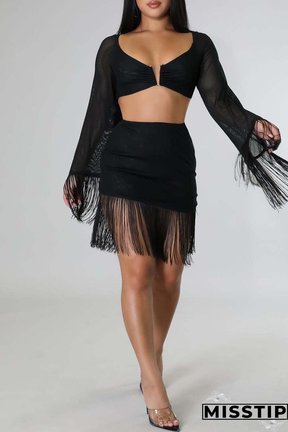 Black Sexy Solid Tassel Patchwork V Neck Long Sleeve Two Pieces