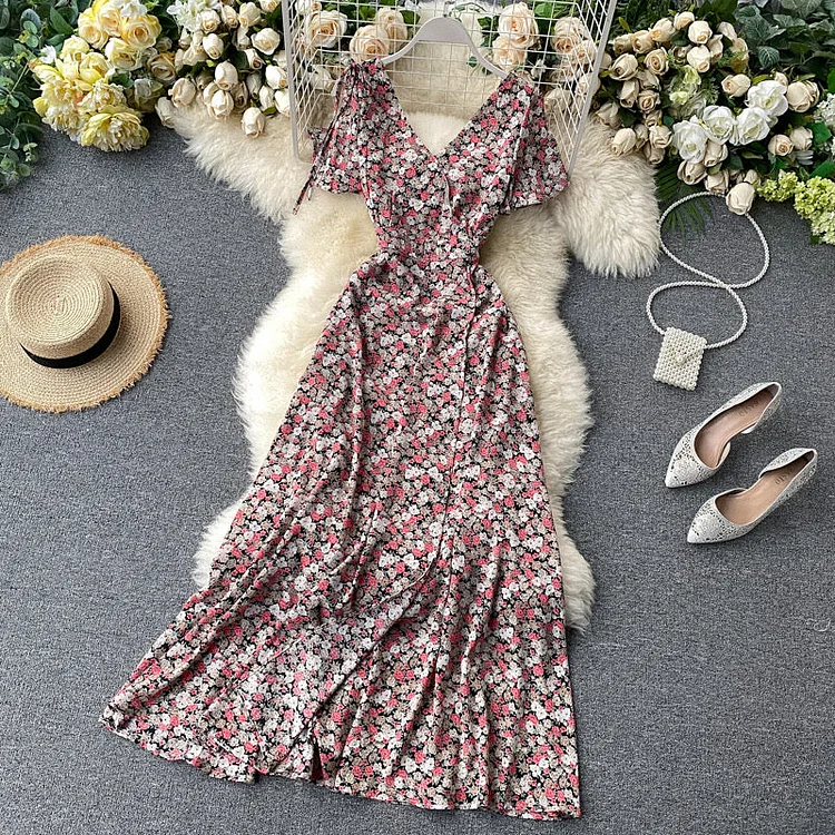 Ditsy Floral Split Sleeve Surplice Elegant Dress