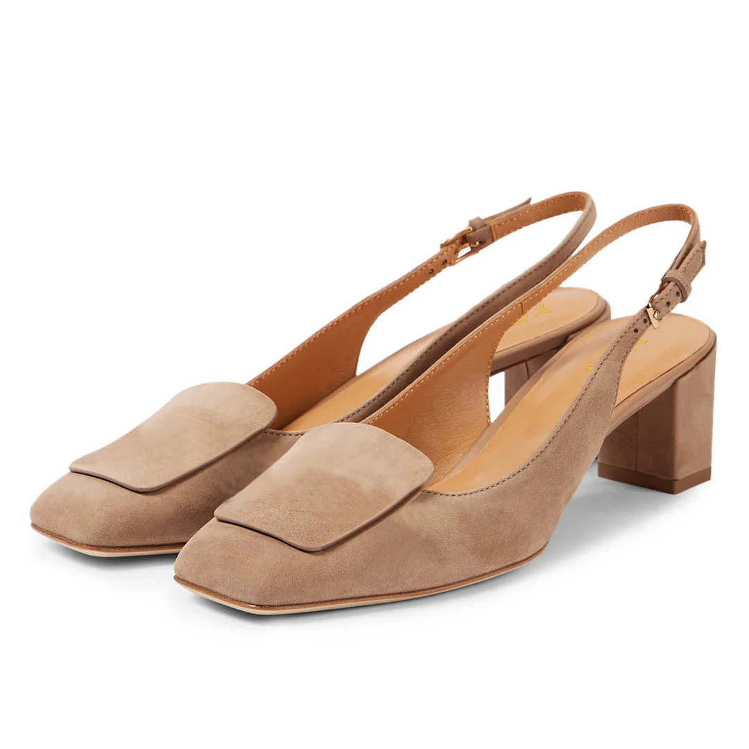 Simple Tan Vegan Suede Chunky Heel Square Toe Slingback Shoes