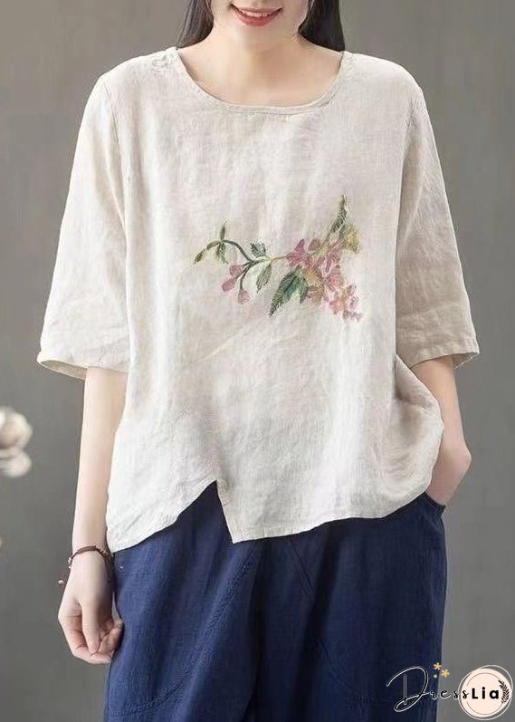 Loose Linen O Neck Print Linen T Shirt Half Sleeve