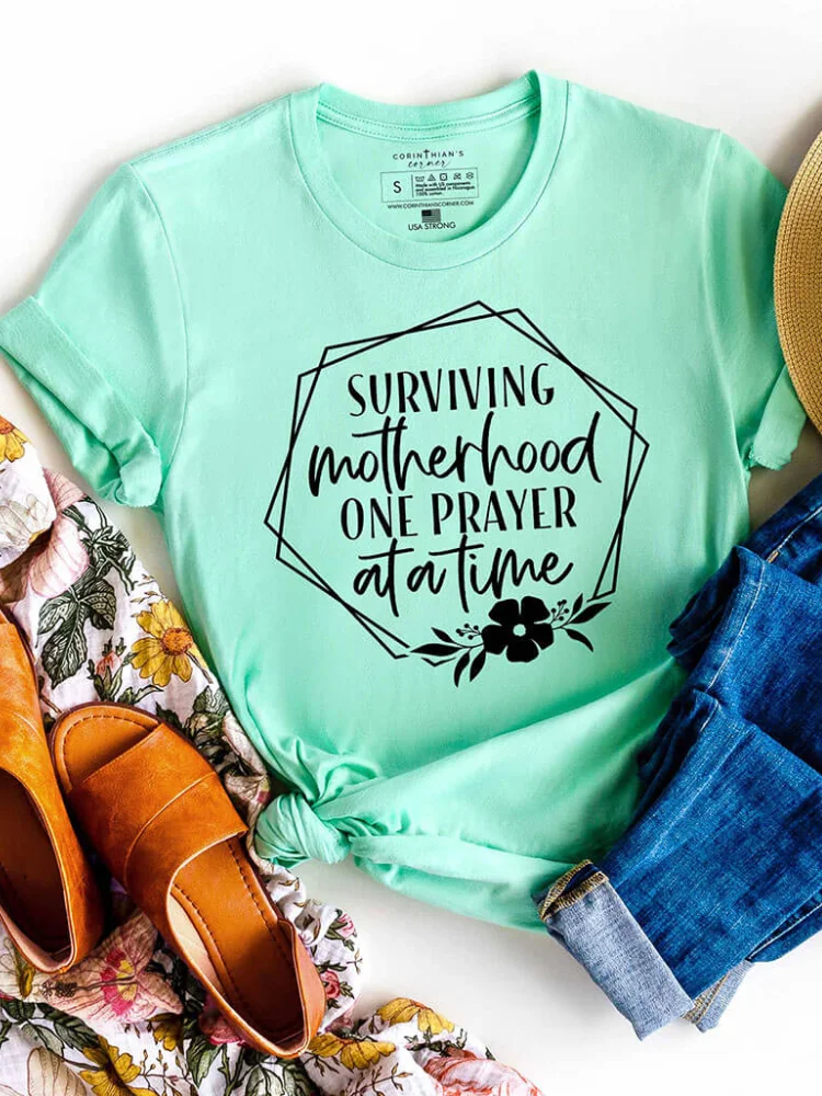 Surviving One Prayer Motherhood Print Casual Crew Neck T Shirt