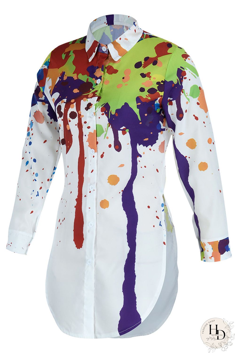 Black Pink Casual Print Patchwork Slit Turndown Collar Tops