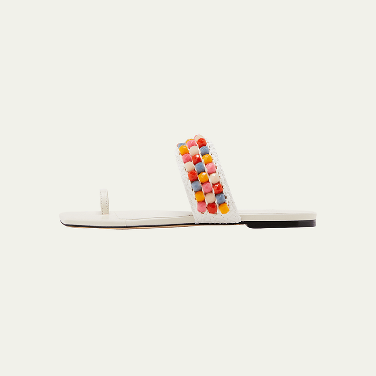 White Toe-Ring Flat Sandals Multicolor Bead Slide Shoes for Women |FSJ Shoes