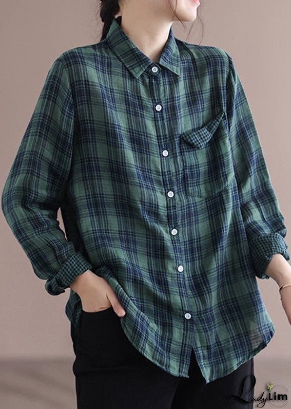 Green Peter Pan Collar Plaid Pockets Cotton Shirt Long Sleeve