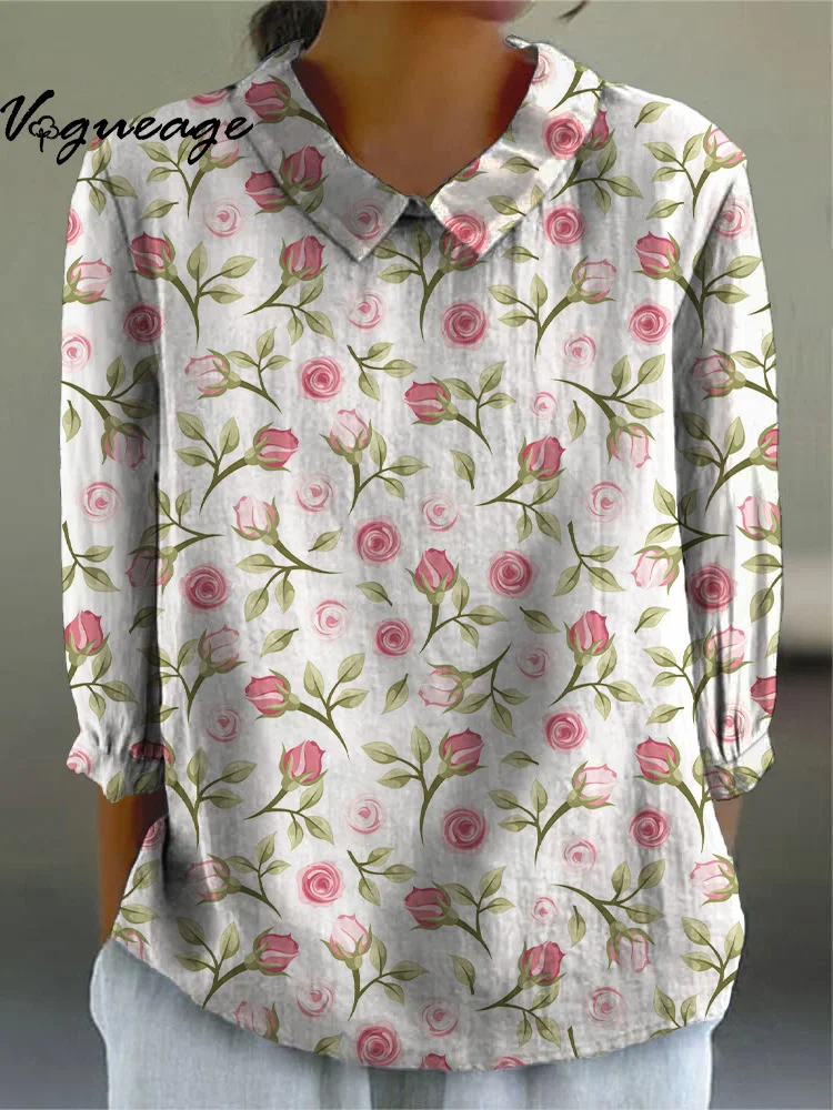 Gentle And Romantic Pink Roses Printed Cotton And Linen Shirt