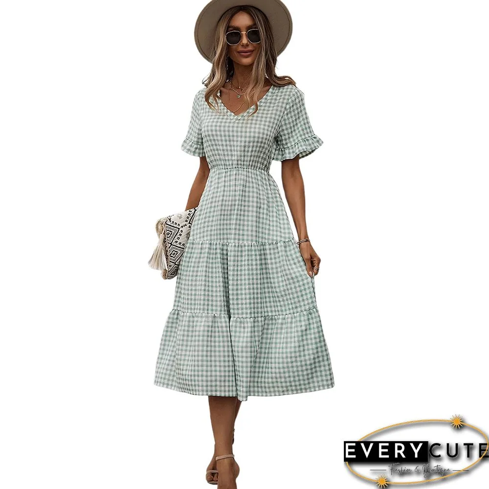 Light Green Plaid Print V Neck Swing Dress