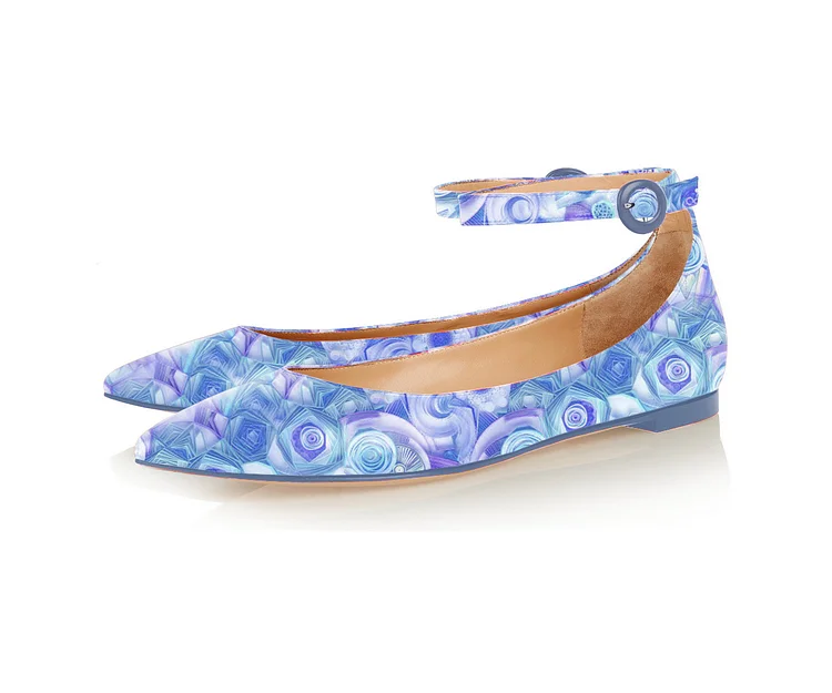 Blue Pointy Toe Flats Ankle Strap Floral School Shoes |FSJ Shoes