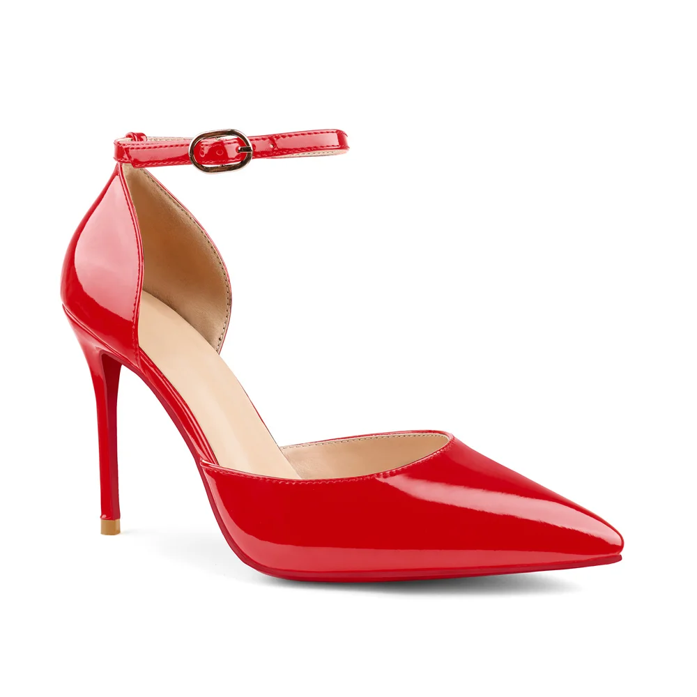 100mm Women's Ankle Strap Pointed Toe Pumps Wedding Party Red Bottoms High Heels Stiletto Shoes-MERUMOTE