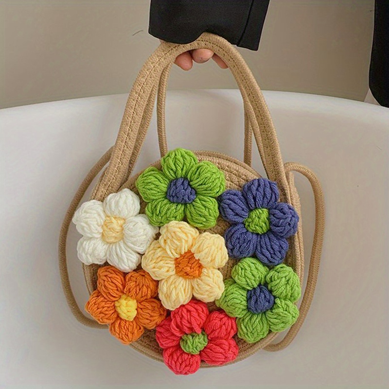 Flower Decor Woven Handbags, Sweet Holiday Beach Bag, Small Round Crossbody Bag For Women