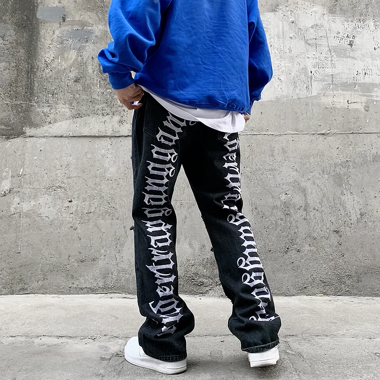 Ripped Hip Hop Embroidery Men's Oversized Black Vibe Loose Jeans Pants Baggy Pants at Hiphopee