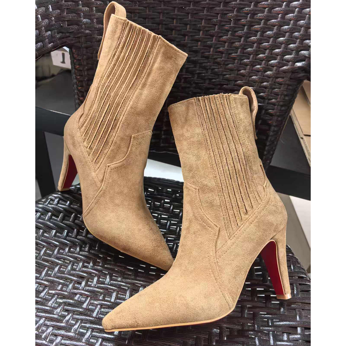 80mm Women's Heels Boots Red Bottom Khaki Suede Ankle Boots-MERUMOTE