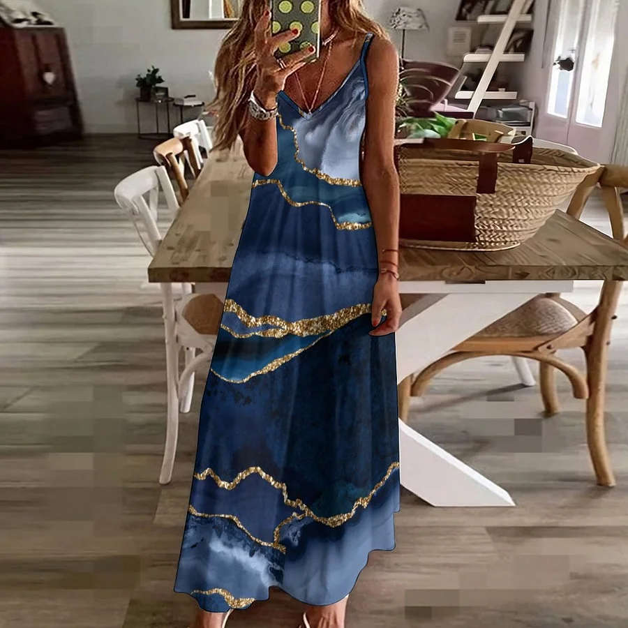 Modern Navy Blue Gold Agate Glitter Geode Marble Women's Casual Strappy V Neck Sleeveless Flowy Loose Long Maxi Beach Dress Sundress Modern Navy Blue Gold Agate Glitter Geode Marble Women's Casual Strappy V Neck Sleeveless Flowy Loose Long Maxi Beach Dress Sundress
