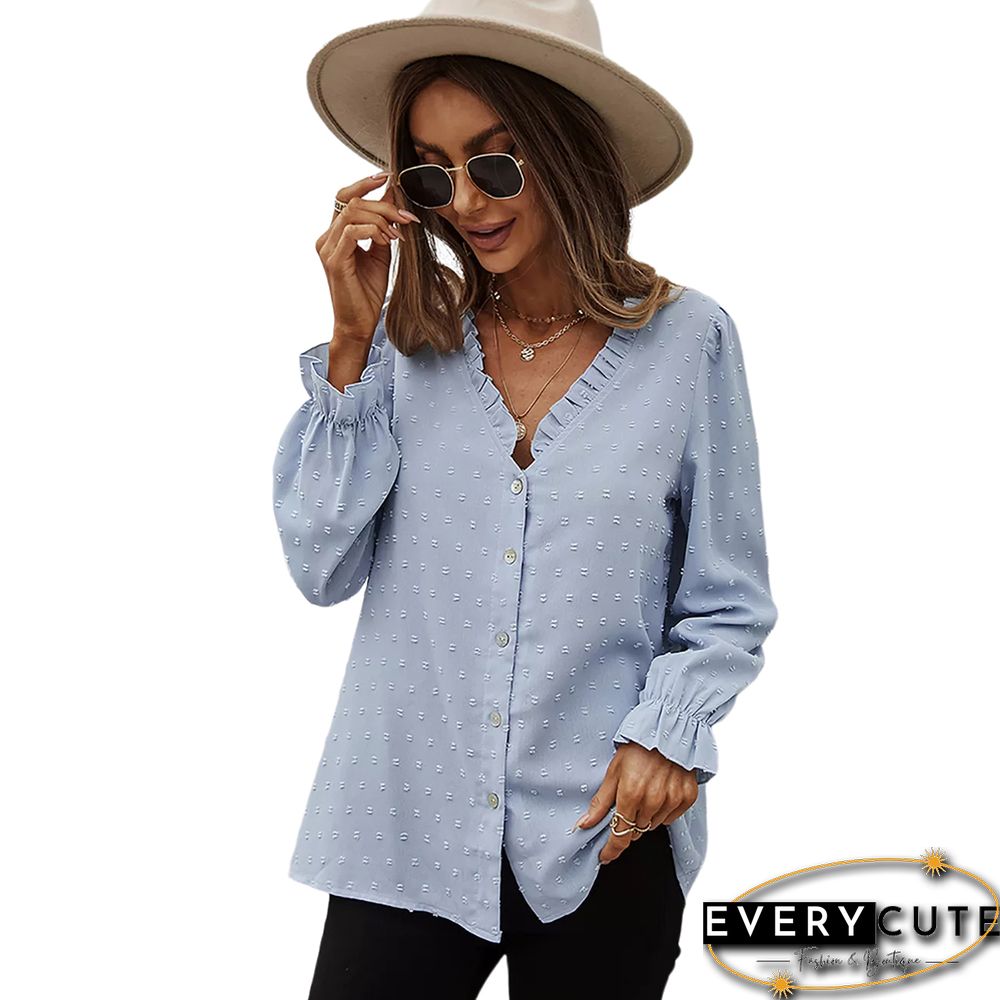 Light Blue Ruffle Detail Button V Neck Shirt