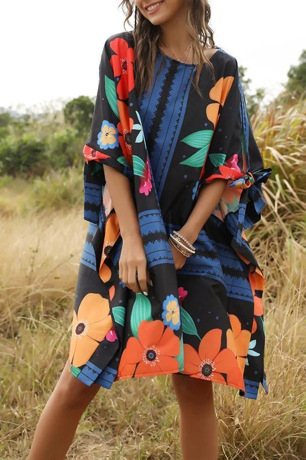 Womens Urban Fashion Round Neck Loose Print Dress-Allyzone-Allyzone