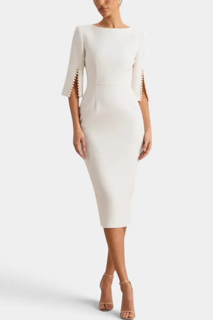Structured Sheath Midi Dress with Beaded Split Sleeves