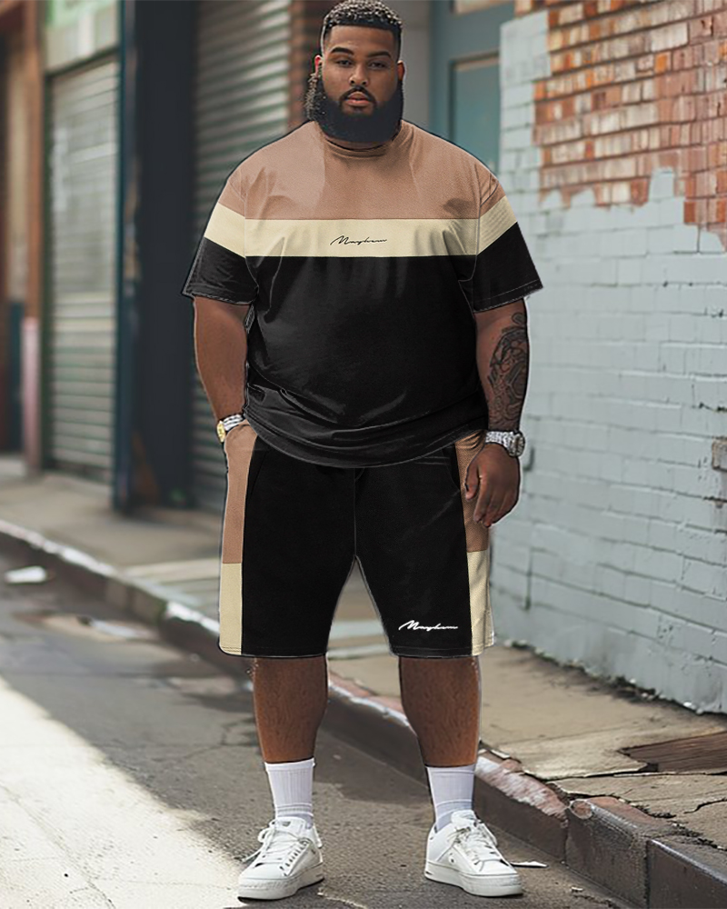 Men's Plus Size Simple Colorblock Printed T-shirt Shorts Set