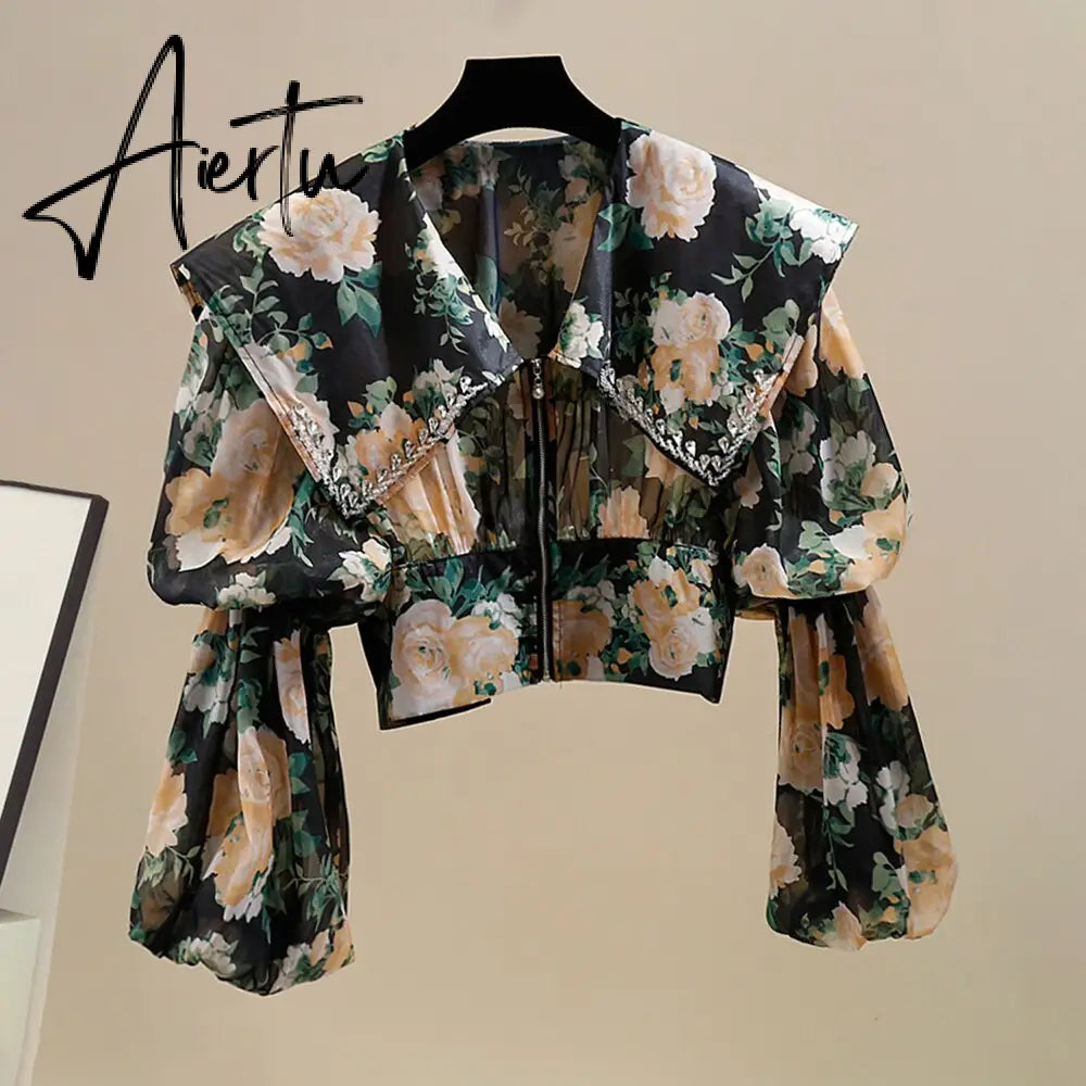 Summer Loose Shirts For Women Peter Pan Collar Lantern Sleeve Casual Temperament Hit Color Blouse Female Fashion Aiertu