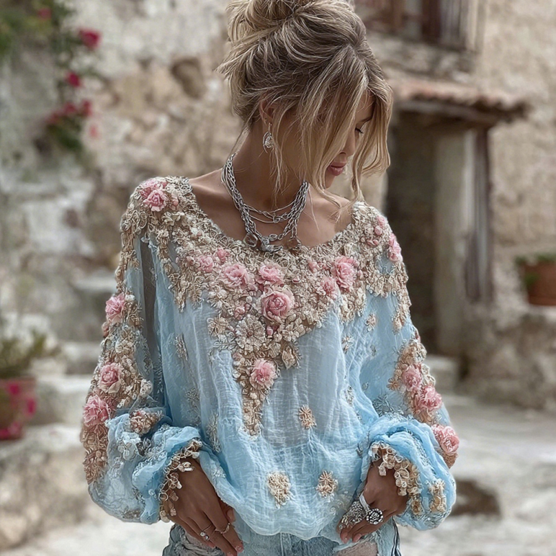 Women's Vintage Pink Flower Embroidery Art Round Neck Long Sleeve Linen Blend T-shirt artswardrobe