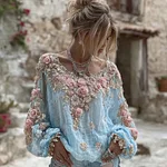 Women's Vintage Pink Flower Embroidery Art Round Neck Long Sleeve Linen Blend T-shirt - Image 6