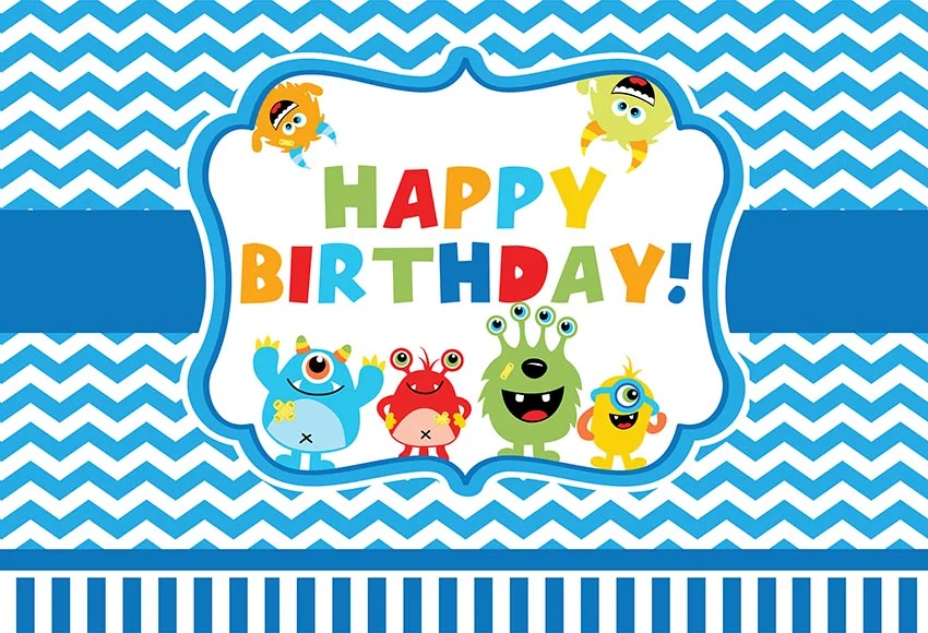 Blue Wavy Stripes Cartoon Monster Theme Happy Birthday Party Backdrop RedBirdParty