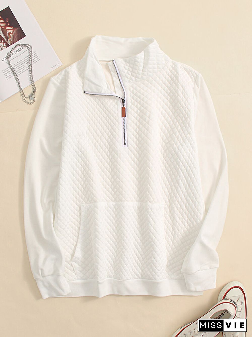 Solid Zip Front Pocket Long Sleeve Lapel Women Sweatshirt
